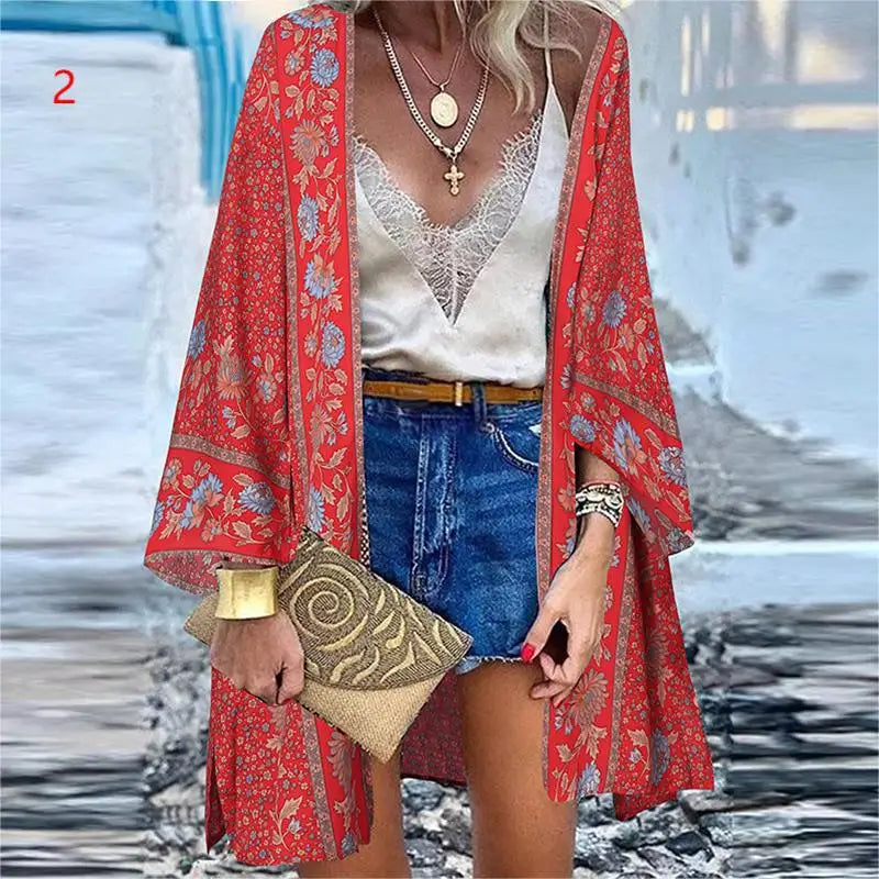 WeHello 2023 Summer Bohemian Casual Cloak Cardigan for Swimsuit woman Beach Swimwear Tops Long Sleeved Shawl Chiffon Shirt - Matrix Studios