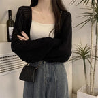 Fashion Hollow Out Sunscreen Cardigan Women Lantern Sleeve Thin Short Knitted Cardigans Woman Elegant Simple Crop Smock Top - Matrix Studios