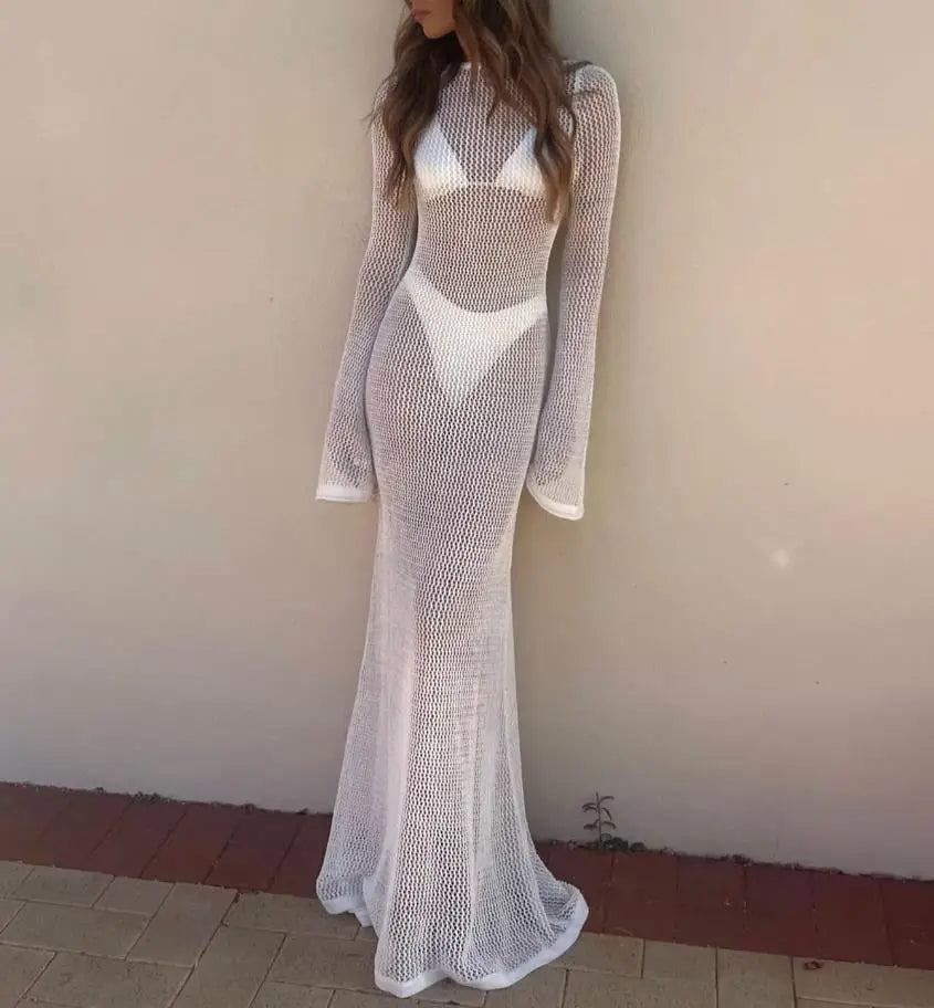 Kintted Beach Cover Up Women Sexy Long Bikini Dress Beachwear Crochet Backless Long Sleeve Hollow Beachdress Female Swimsuit - Matrix Studios