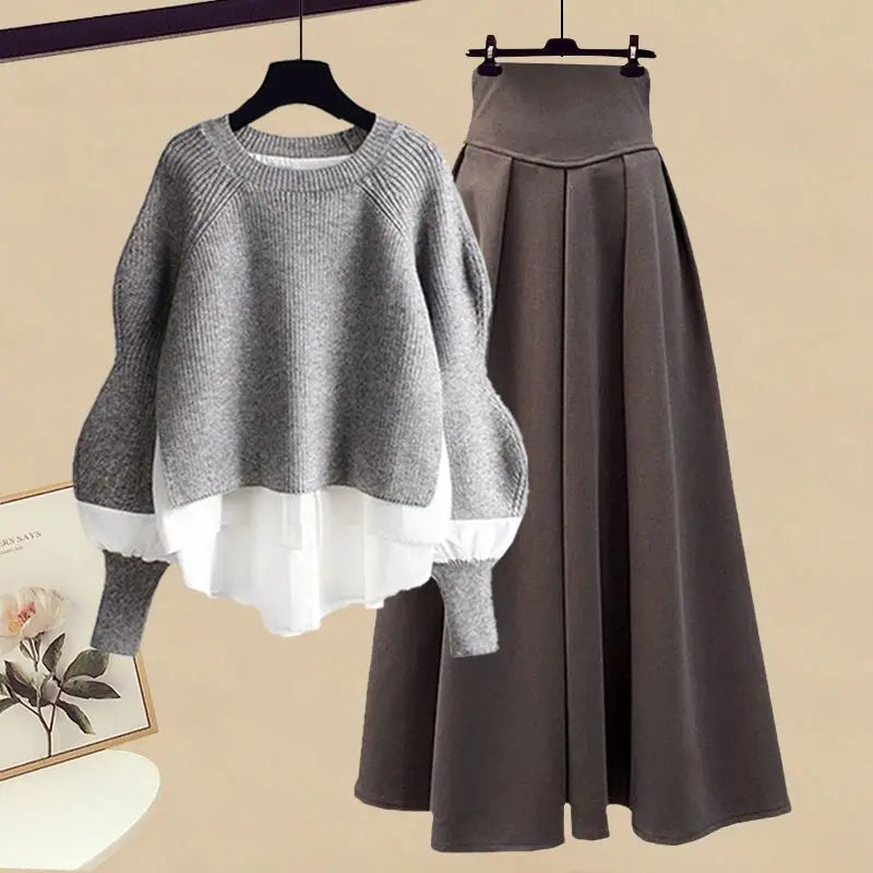 2026 Spring/Autumn New Korean Elegant Splice Fake Two Piece Knitted Sweater Dress Matching Set Women's Chic Pullover Skirt Set - Matrix-studios.com