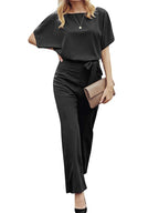 Women Jumpsuits Elegant Solid Color Flare Short Sleeve Waist Tie Wide Leg Pants Romper Summer Streetwear - Matrix Studios