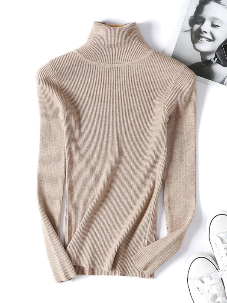 Casual Soft Polo-neck Jumper New Autumn Winter Women Knitted Turtleneck Sweater Fashion Slim Elasticity Solid Ribbed Pullovers - Matrix Studios