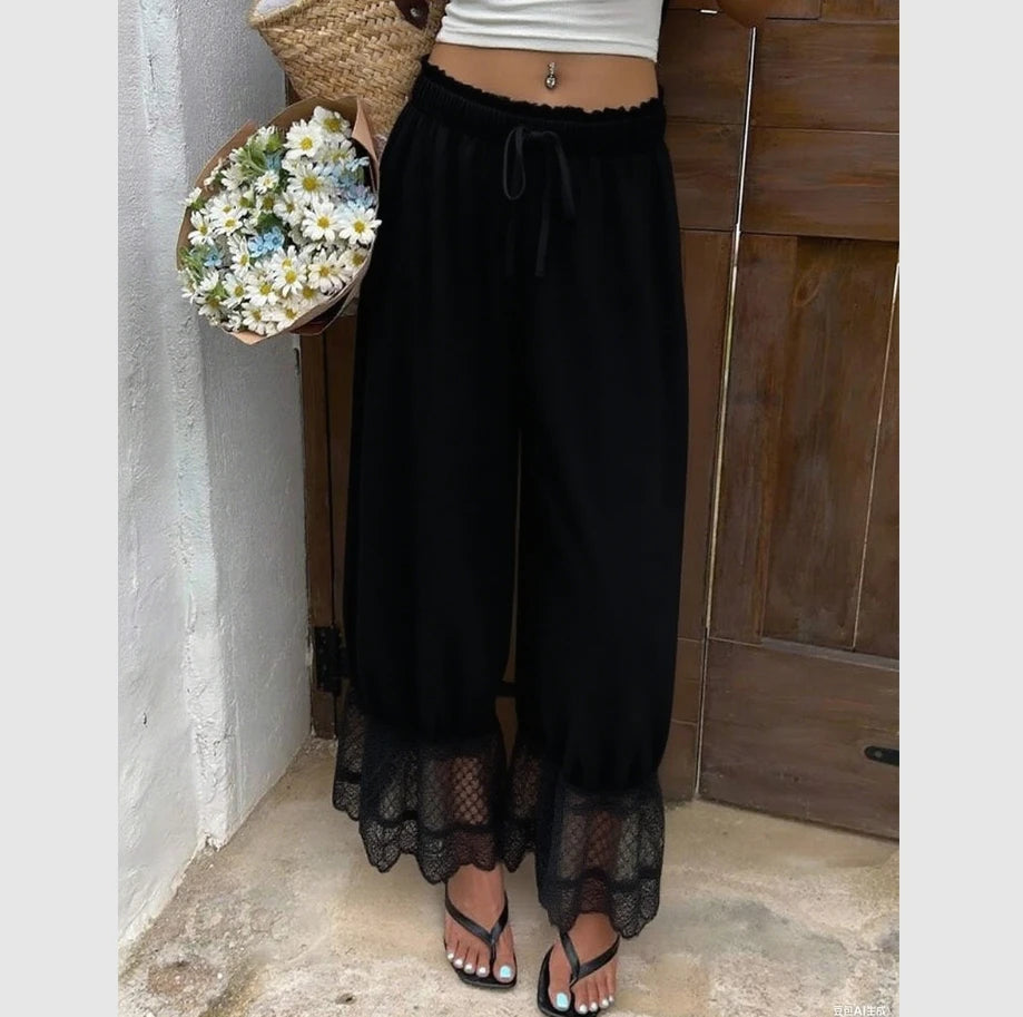 Womens Wide Leg Pants White Polyester Lace Trim Hem Casual Loose Fit Summer Trousers Wide Leg Pants - Matrix-studios.com