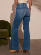 Autumn new women's dark blue high waist straight jeans slim fit wide leg version stretch denim fabric elegant intellectual jeans - Matrix-studios.com