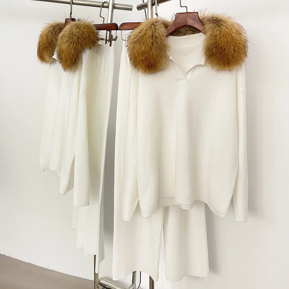 Reality Fur Jacket Pullover Set Woman Spring Knitted Suit Knitwear Female Real Fox Fur Collar Sweater Lady Autumn Knitted New - Matrix Studios