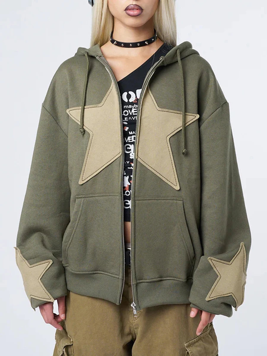 Y2K Vintage Star Print Hooded Hoodie for Women Casual Loose Long Sleeve Zip Up Drawstring Sweatshirts Autumn Spring Coat Street - Matrix Studios