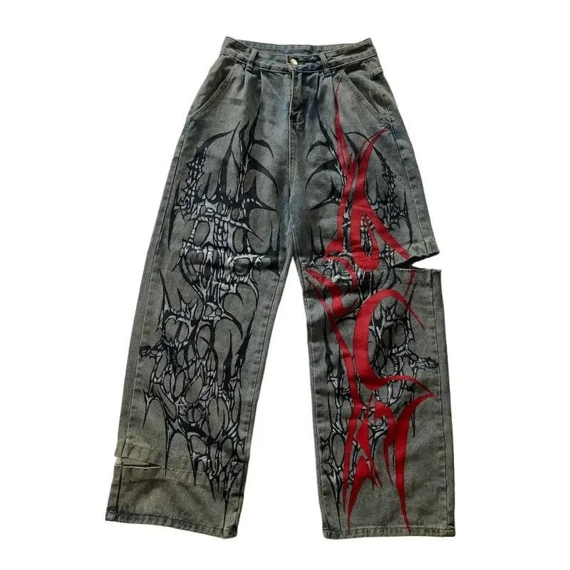 American New Fashion Oversized Pattern Printed Washed Jeans Men Y2K Gothic Rock Popular Casual Joker High Waist Wide Leg Pants - Matrix Studios