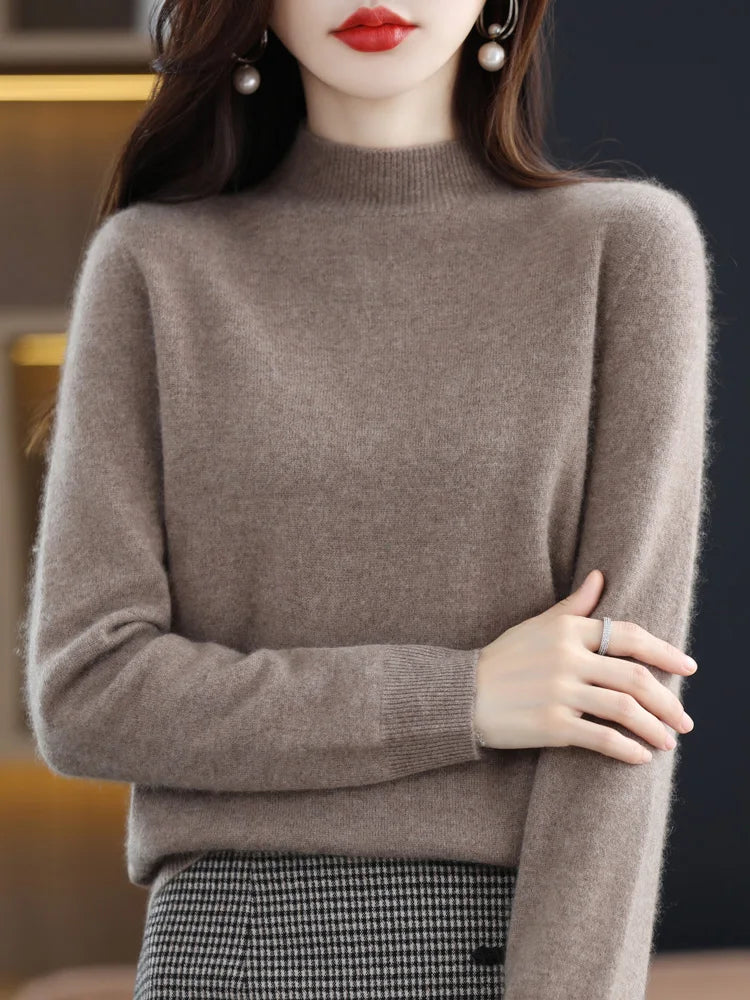 Fashion 100% Wool Sweater Women's Mock-Neck Knitwear Cashmere Pullovers Autumn Winter Long Sleeve Jumpers Clothing Tops - Matrix Studios