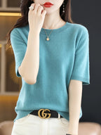 New Short-sleeved Knitwear Women O-neck T-shirt Wool Cotton Blend Pullover Vest Sprig Summer Bottoming Tops Sweater Solid Soft - Matrix Studios
