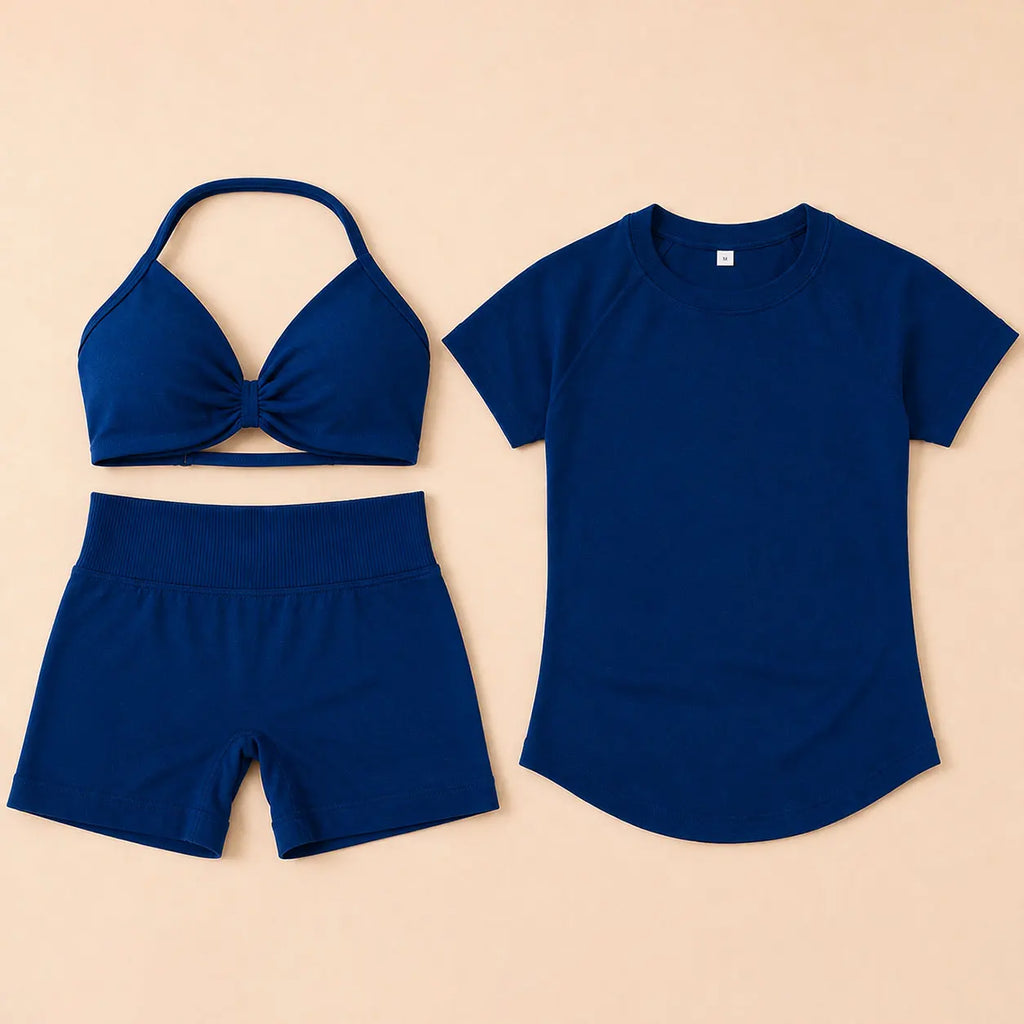 3 Pieces Gym Set Woman Seamless Short Sleeve Top Scrunch Gym Shorts Sport Strappy Bra Bodysuit Workout Suits Gym Clothes - Matrix-studios.com