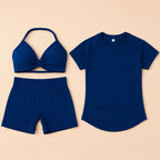 3 Pieces Gym Set Woman Seamless Short Sleeve Top Scrunch Gym Shorts Sport Strappy Bra Bodysuit Workout Suits Gym Clothes - Matrix-studios.com