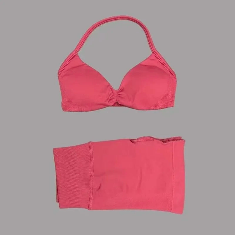 HISTELLO Gym Set 2 Piece Women Strappy Yoga Bra Top Workout Scrunch Shorts Sports Suit Fitness Clothes Seamless Yoga Set - Matrix-studios.com