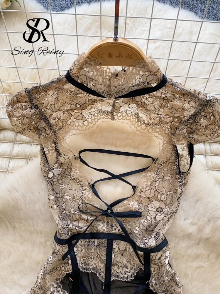 SINGREINY Lace Sheer Sexy Playsuits Female Hollow Out Mesh Cosplay Nightwear Floral Embroidery Slim Bodysuits - Matrix Studios
