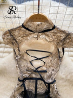 SINGREINY Lace Sheer Sexy Playsuits Female Hollow Out Mesh Cosplay Nightwear Floral Embroidery Slim Bodysuits - Matrix Studios