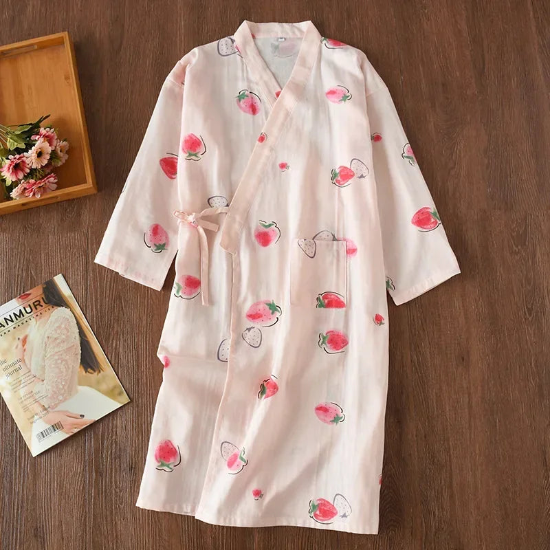 Japanese-style Kimono Pajamas Summer New 100% Cotton Gauze Pajamas Nightgown Ladies SPA Yukata Homewear Long Pajamas Women - Matrix-studios.com