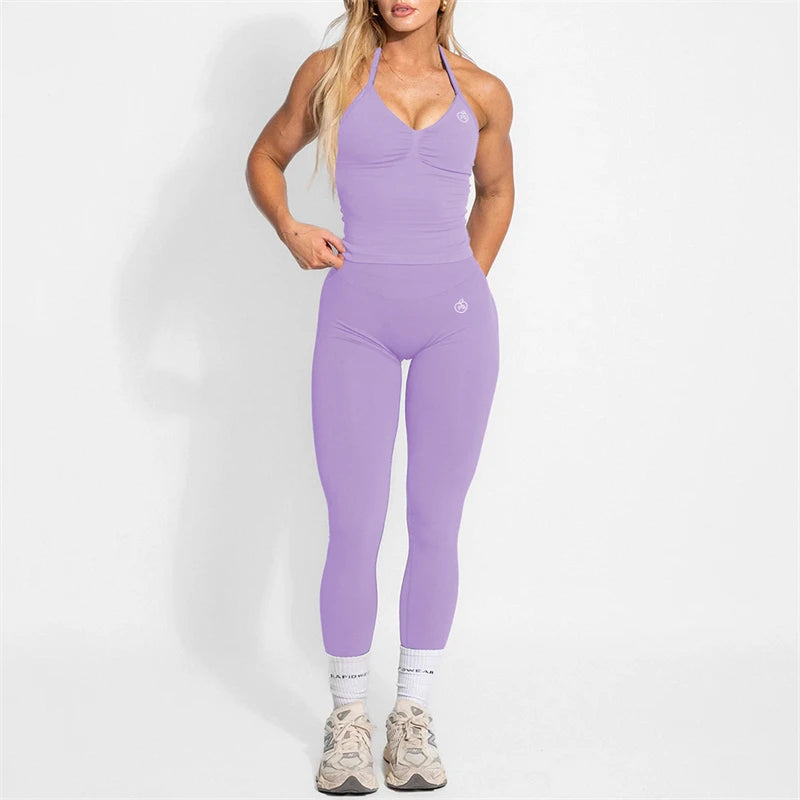 Women's Yoga Set Bum Balance Fitted Halter Tops & Shaping Pants 2pcs Yoga Sportwear Workout Gym Clothing High Waist Leggings Set - Matrix-studios.com