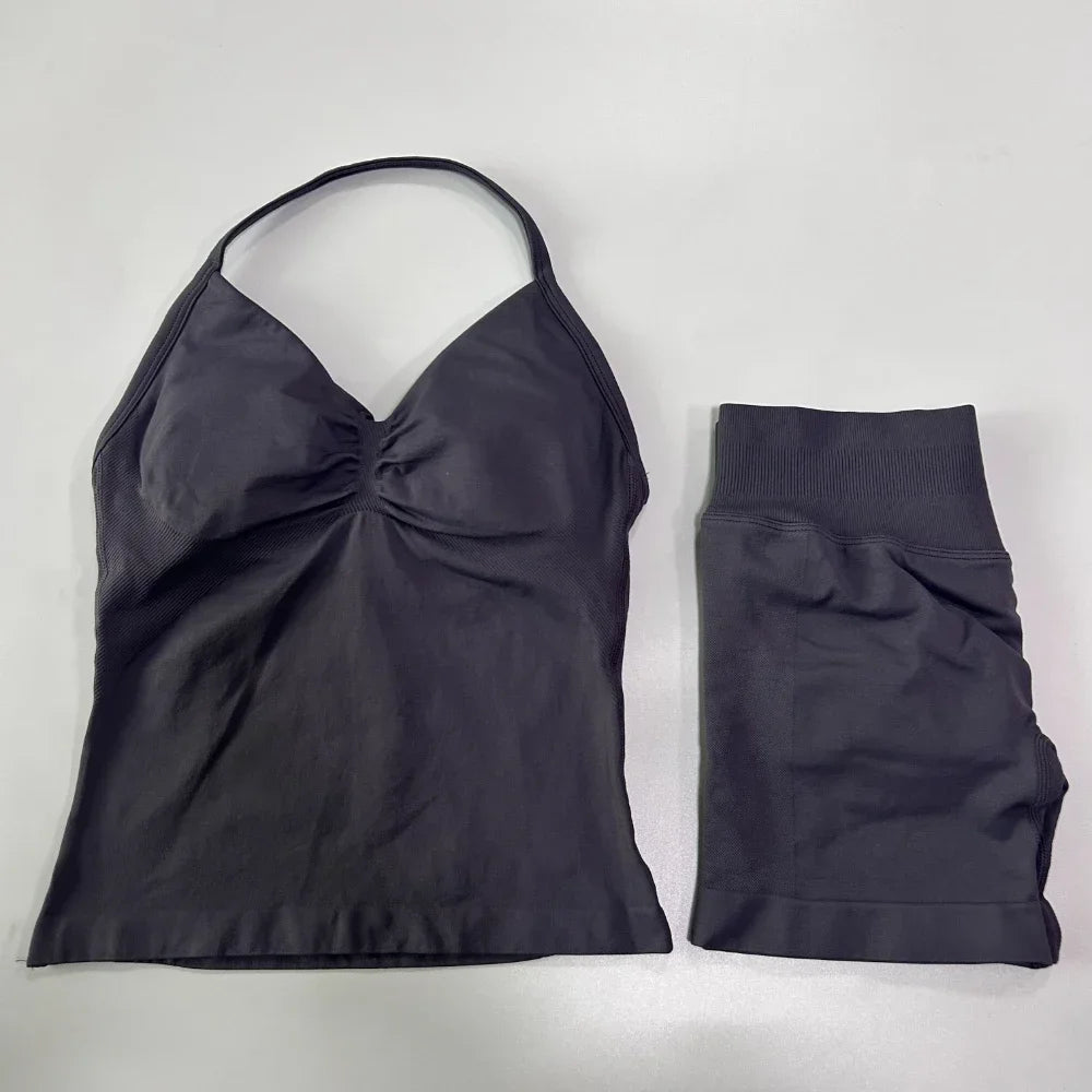 No Logo 2 Pieces Sports Set Women Backless Tank Tops High Waist Scrunch Seamless Shorts Gym Set Sportswear Workout Set Yoga - Matrix-studios.com