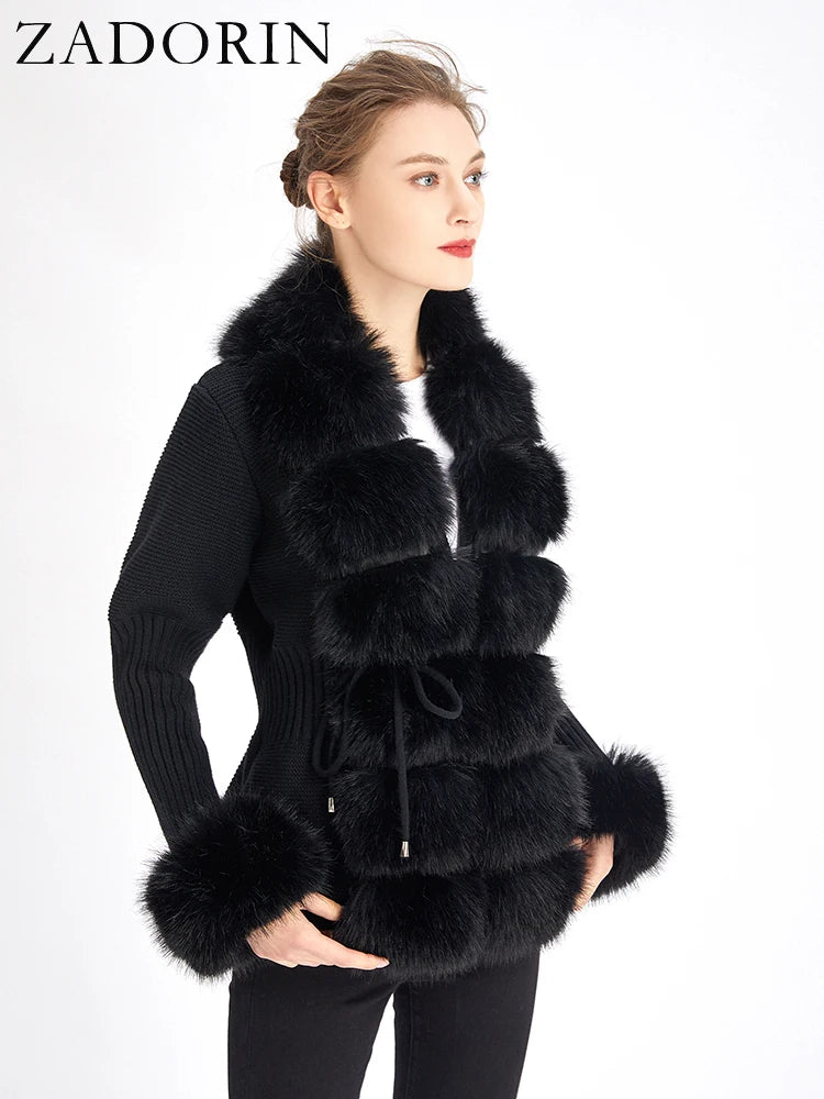 ZADORIN Autumn Winter Women Faux Fur Coat Luxury Knitted Sweater Fur Cardigan Detachable Collar White Pink Jacket Faux Fur Coats - Matrix Studios