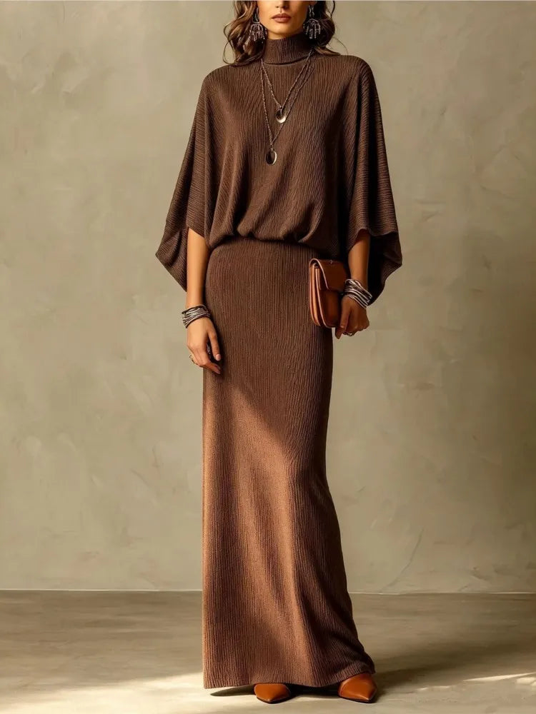 Autumn Winter New Fashion High Collar Bat Sleeve Skirt 2piece Set Women Casual Knitted Pit Strip Elegant Slim Hip Hip Skirt Suit - Matrix-studios.com
