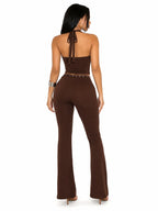 Women 2 Piece Outfits Halter Cutout Crop Top & Flare Pants Set, Metal Buckle Eyelet Detail Sleeveless Bodycon Matching Sets Y2K Club Co‑Ord - Matrix-studios.com