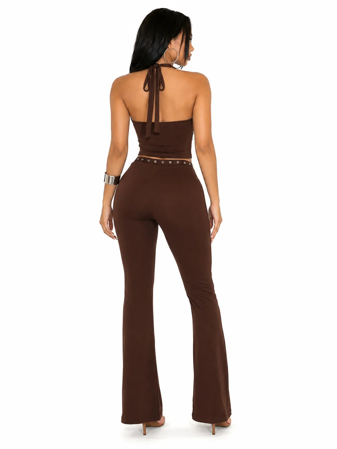 Women 2 Piece Outfits Halter Cutout Crop Top & Flare Pants Set, Metal Buckle Eyelet Detail Sleeveless Bodycon Matching Sets Y2K Club Co‑Ord - Matrix-studios.com