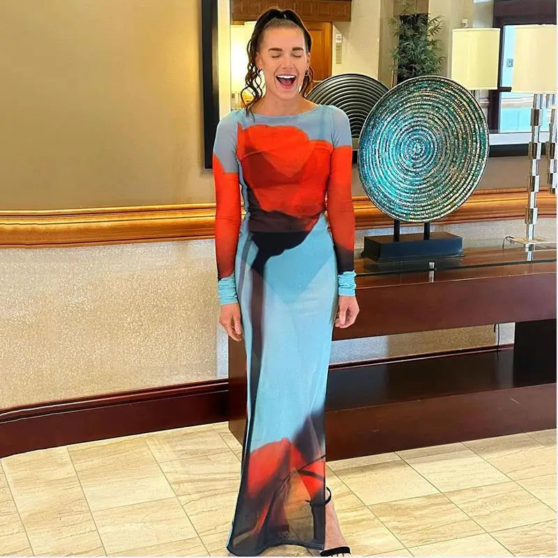 Yiiciovy Sexy Women’s Slim Fit Long Dress Cover-Ups Sheer Mesh Long Sleeve Floral Print Beach Dress Side Split Bikini Cover-Ups - Matrix Studios