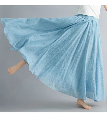 28-Color Mori Girl Literary Cotton Linen Dress Elastic Waist A-line Expansion Skirt Solid Color Ethnic Style Women Long Skirts - Matrix-studios.com