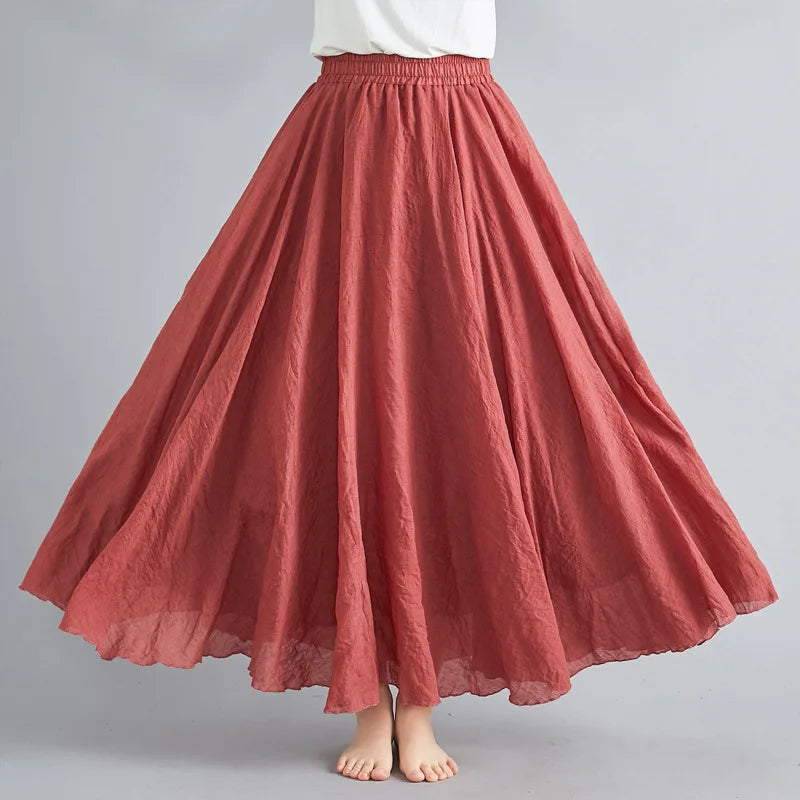 28-Color Mori Girl Literary Cotton Linen Dress Elastic Waist A-line Expansion Skirt Solid Color Ethnic Style Women Long Skirts - Matrix-studios.com