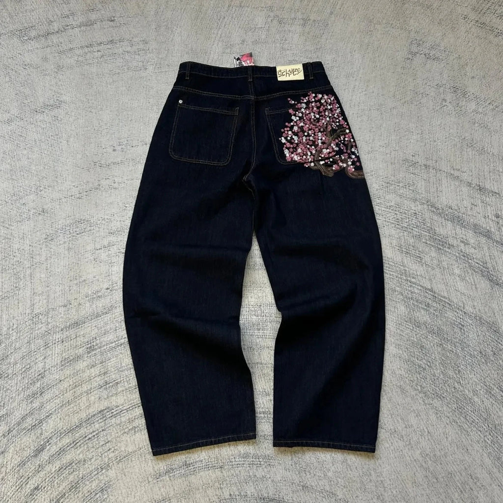 Hip-hop gold coin jeans Y2K retro low waist wide leg zipper pants y2k clothing men's fashion embroidered loose jeans - Matrix Studios