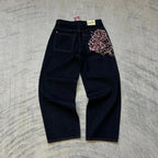 Hip-hop gold coin jeans Y2K retro low waist wide leg zipper pants y2k clothing men's fashion embroidered loose jeans - Matrix Studios