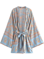 Multi Floral Print Sashes Kimono Women V Neck Batwing Sleeves Happie Bohemian Short Robe  Beach Boho Bikini Cover-ups - Matrix Studios