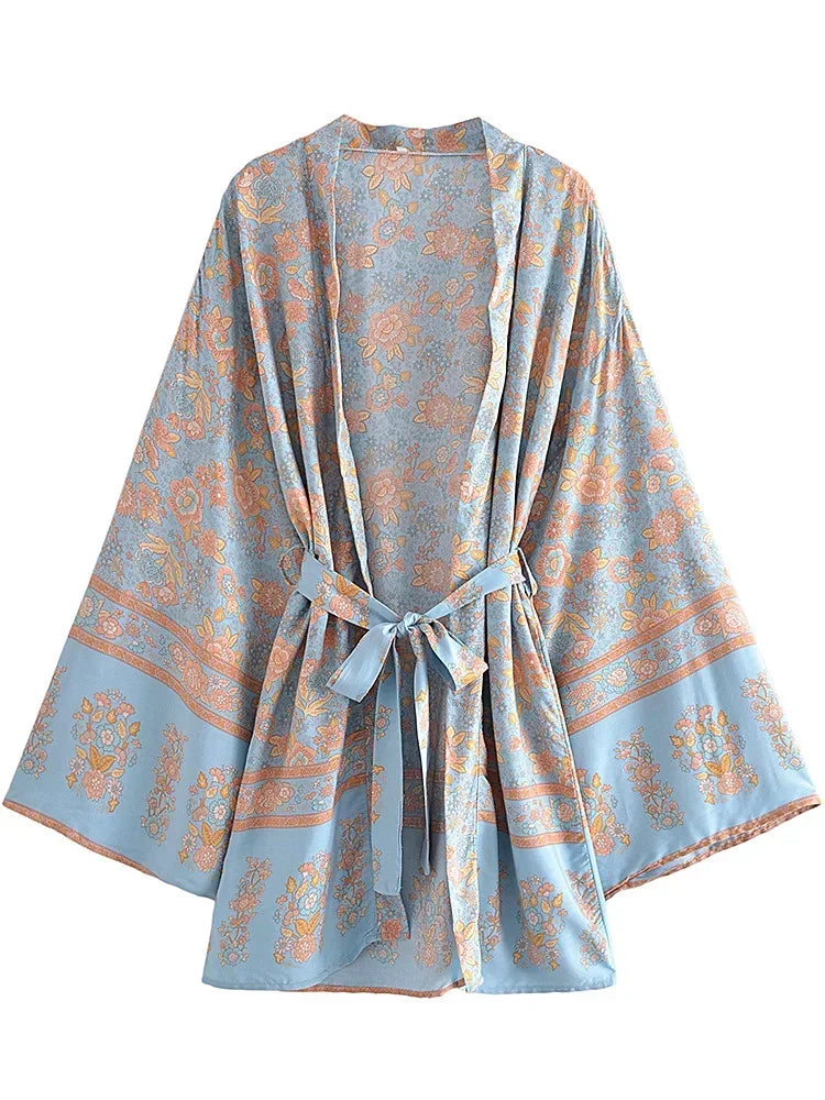 Multi Floral Print Sashes Kimono Women V Neck Batwing Sleeves Happie Bohemian Short Robe  Beach Boho Bikini Cover-ups - Matrix Studios