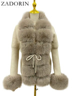 ZADORIN Autumn Winter Women Faux Fur Coat Luxury Knitted Sweater Fur Cardigan Detachable Collar White Pink Jacket Faux Fur Coats - Matrix Studios