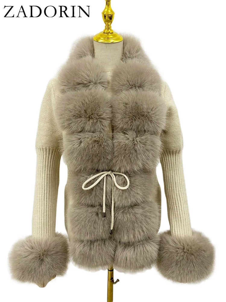 ZADORIN Autumn Winter Women Faux Fur Coat Luxury Knitted Sweater Fur Cardigan Detachable Collar White Pink Jacket Faux Fur Coats - Matrix Studios