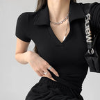 Sexy Short Sleeve White T-Shirt with Polo Collar Slim Fit Women's Summer Basic Black Elastics Crop Top  Y2k Clothes - Matrix-studios.com