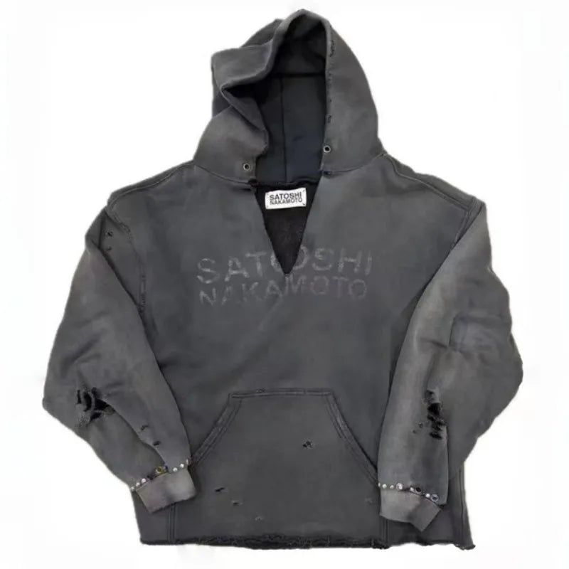 Winter Oversize SATOSHI Hoodie Retro Washed Black Destroy Collar Colorful Rivet Hood SweatshirtsMen Women Hiphop Street Outfit - Matrix-studios.com