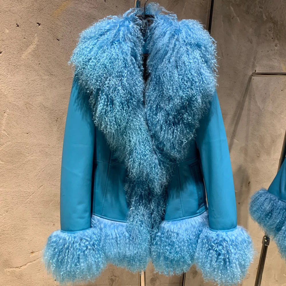 Sheep Fur Leather Coats Women Winter Luxury Mongolian Fur Leather Jackets with Long Sleeve with Natural Mongolian Fur 7251 - Matrix Studios