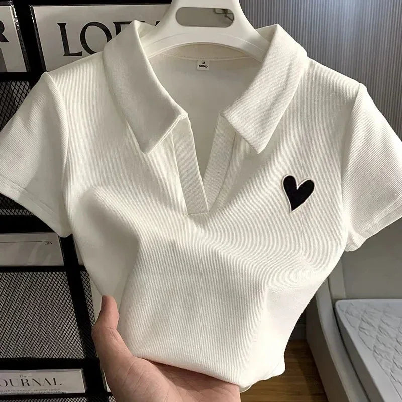 Loves Embroidery T-shirt Polo Collar Orthoshoulder Slim Hotsweet Women's Crop Top Korean Fashion Hottie Simple Casual Wholesale - Matrix-studios.com