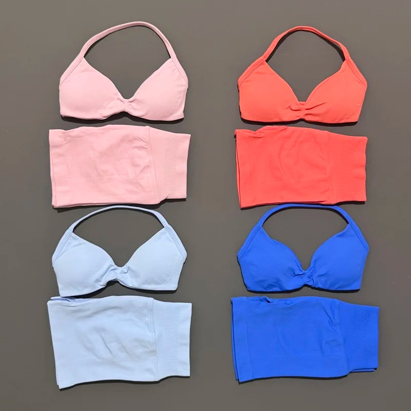 HISTELLO Gym Set 2 Piece Women Strappy Yoga Bra Top Workout Scrunch Shorts Sports Suit Fitness Clothes Seamless Yoga Set - Matrix-studios.com