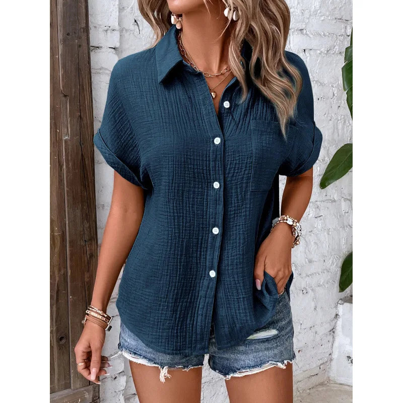 Women Casual Cotton Blouse Vintage Summer Short Sleeve Slim Shirt Elegant Turn Down Collar Solid Tunics Harajuku Streetwear Tops - Matrix-studios.com