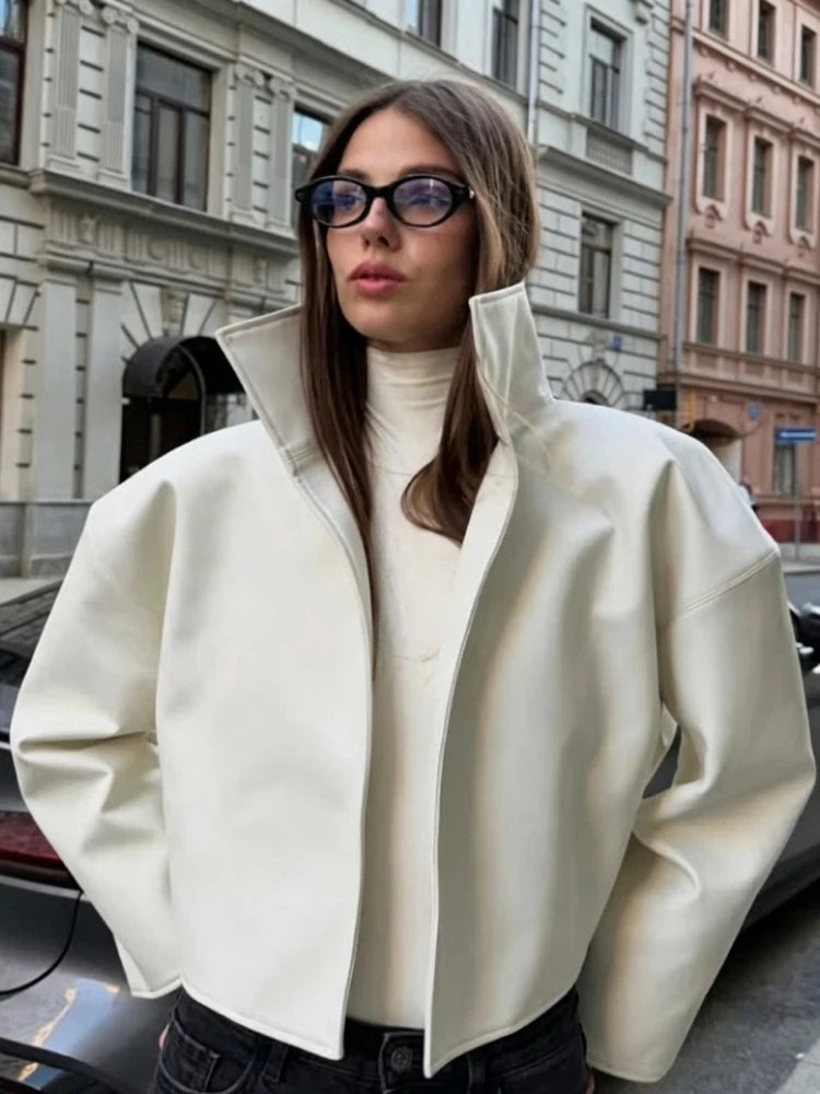 Women Cropped PU Leather Jacket Stand Collar Wide Flare Sleeve Asymmetrical Wrap Open Front Coat 2026 Autumn Chic Loose Jackets - Matrix Studios