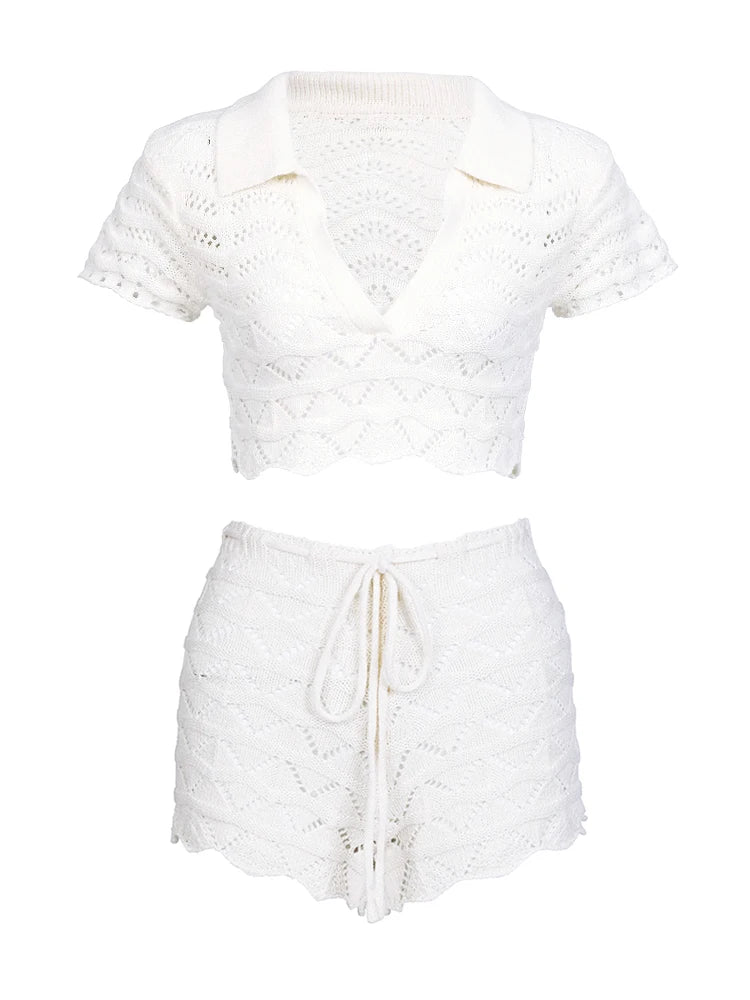 Sexy Knit Beach Swimsuit Cover Up Set 2026 Summer Women Cut Out Lapel V Neck Short Sleeve Top Lace-up Mini Shorts Two-piece K202 - Matrix Studios