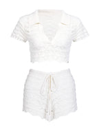 Sexy Knit Beach Swimsuit Cover Up Set 2026 Summer Women Cut Out Lapel V Neck Short Sleeve Top Lace-up Mini Shorts Two-piece K202 - Matrix Studios