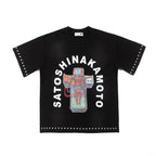 Retro Washed Black SATOSHI Tshirts Men Women Summer Cotton Flame Skull Pattern Mechanical Jesus Cross Print Short Sleeve Tops - Matrix-studios.com
