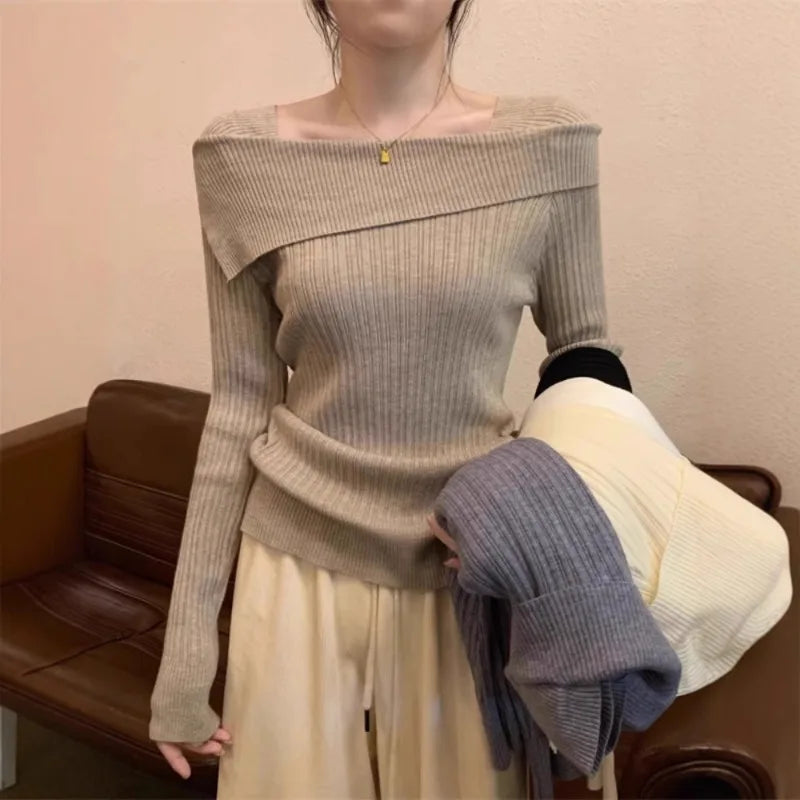 Solid Sexy Slim Off Shoulder Slash Neck Long Sleeve Knitting Sweater Women Jumpers Office Fashion New - Matrix Studios