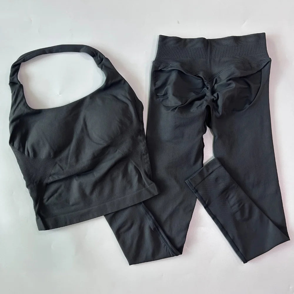 1-2pcs Gym Set Women Backless Tank Tops High Waist Scrunch Seamless Shorts High Waist Yoga Leggings Workout Sets Gym Suit - Matrix-studios.com