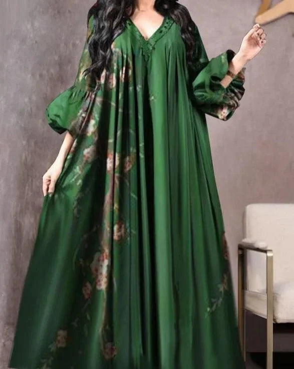 Vintage Printed Dress Women Breathable Loose Middle Eastern Robe Casual Long Sleeve Abaya V-neck Loose Muslim Abayas for Women - Matrix-studios.com