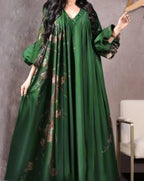 Vintage Printed Dress Women Breathable Loose Middle Eastern Robe Casual Long Sleeve Abaya V-neck Loose Muslim Abayas for Women - Matrix-studios.com