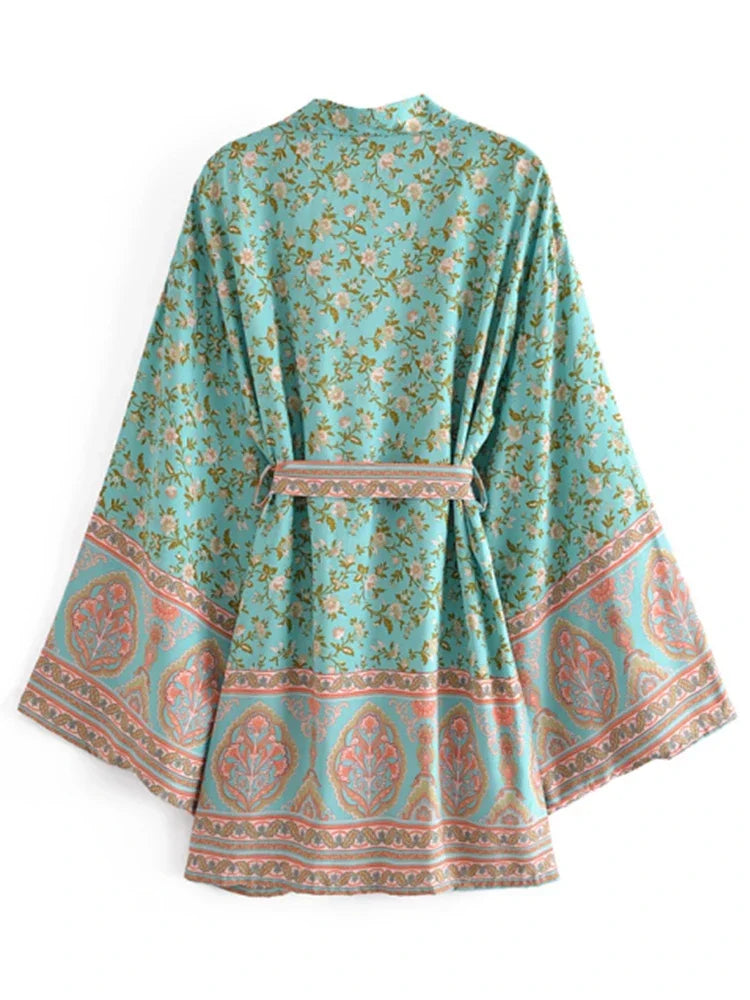 Boho Vintage Multi Floral Print Sashes Kimono Women bohemian V Neck batwing Sleeves rayon cotton happie short robe Cover-ups - Matrix Studios