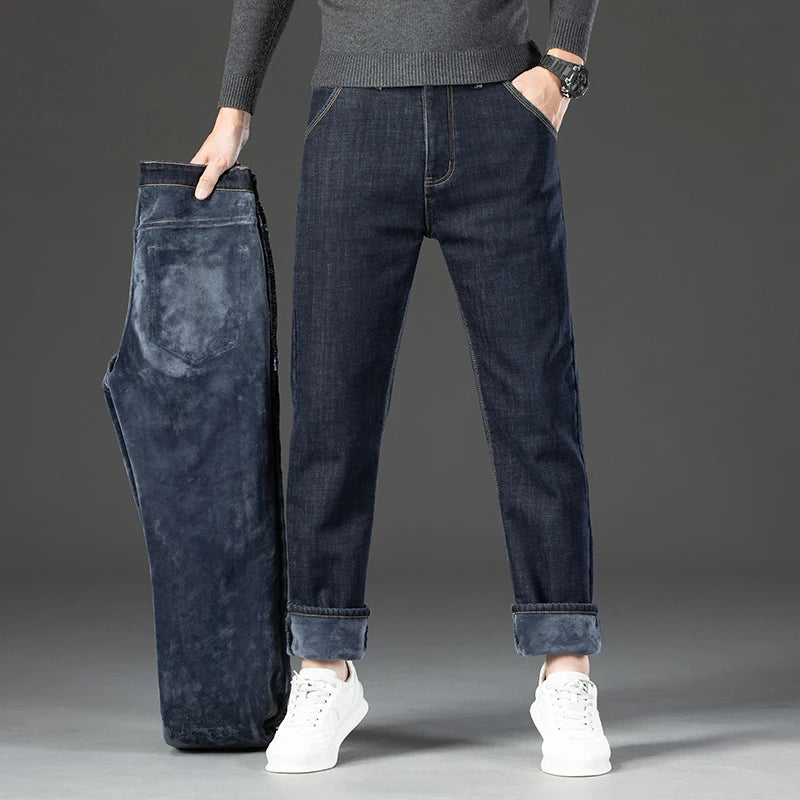 Winter Warm Fleece Jeans Men's Thick Thermal Casual Straight Denim Pants Male Business Work Stretch Trousers New Clothing - Matrix Studios